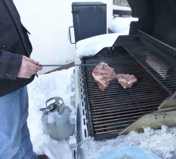 hand forged steak turner in use