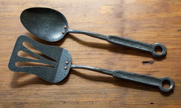 Hand forged spoon and spatula with steel handles