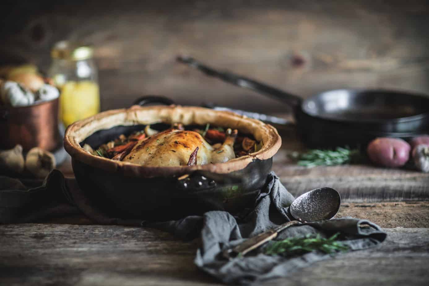 Roast chicken in carbon steel Chef's Pan made by Northwest Skillet Company.